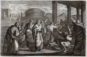 Royaumont Bible, New Testament: Lame healed. Saint Paul heals a lame man and stops people who wanted to sacrifice to him like a God. Illustration from 1811. by Unknown artist