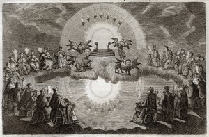 Royaumont Bible, New Testament: Open Heaven. A throne appears surrounded by a lion, an ox, a man and an eagle (tetramorph) and seven lamps. Twenty-four old people sitting on thrones surround this vision. Illustration from 1811