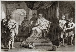 Royaumont Bible, New Testament: Parable of Talents. A master punishes one of his servants who hid the money he gave him. Illustration from 1811. by Unknown artist