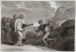 Royaumont Bible, New Testament: Jesus Christ healed a possessed man that the demon made furious. Illustration from 1811 by Unknown artist