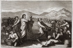 Royaumont Bible, New Testament: Propagation of loaves. Jesus Christ multiplies five loaves, and feeds five thousand men. Illustration from 1811.
