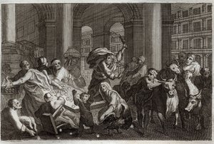 Royaumont Bible, New Testament: Sellers Hunt from the Temple. Jesus Christ drives away from the Temple those who profaned him by the traffic they were doing there. Illustration from 1811