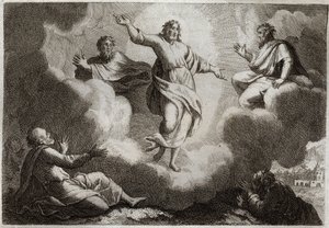 Royaumont Bible, New Testament: The Transfiguration of Jesus Christ. Christ surrounds Moses and Elijah with below the apostle Saint John, Peter and James. Illustration from 1811. by Unknown artist