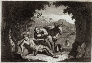 Royaumont Bible, New Testament: The parable of the Good Samaritan. The Samaritan stopped on his way to rescue the man in distress. Illustration from 1811. by Unknown artist