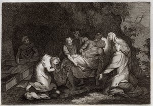 Royaumont Bible, New Testament: Tomb. Sepulchre of Jesus Christ. Among the characters surrounding the body of Jesus Christ: the Virgin Mary, Saint Nicodemus, Saint Joseph of Arimathea, Saint John the Evangelist, and Saint Mary Magdalene. Illustration from  by Unknown artist