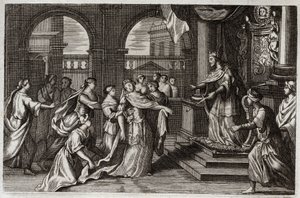 Royaumont Bible, Old Testament: Esther will present herself before King Xerxes I (Assuerus I), with the intention of saving her people from the death that threatened them. Illustration from 1811. by Unknown artist