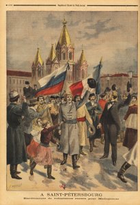 Russian volunteers in Saint Petersburg for the French expedition from Madagascar. Engraving in Le petit journal 28/04/1895. Selva