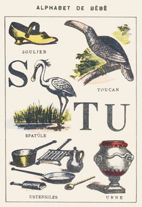 S T U: shoe, spatula, toucan, utensils, urn