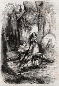 Sacripant unhorsed in the presence of Angelica - engraving of 1851 from 