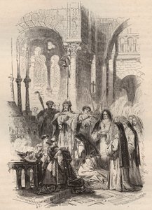Sailing of Saint Cunegonde of Luxembourg in 1024, handed over by the bishop of Paderborn Meinwerk in the Benedictine Abbey of Kaufungen in Germany. Engraving from 1868 in 