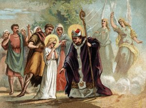 Saint Germain gave a medal to Sainte Genevieve (422-502), patron saint of Paris. Chromolithography around 1890