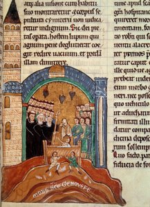 Saint Hugues de Cluny, Abbot of Cluny, Rescues a Dead Man in Paris. Miniature from a Historical and Liturgical Collection