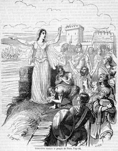 Sainte Geneviève, organises the defense of Paris against the hordes of Attila and reassures the people of Paris - in Histoire de France by Anquetil by Unknown artist