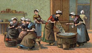 Sardine industry: cutting heads, salting. Chromolithography of the late 19th century