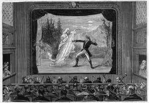 Scientific shows: living spectra. Experience the spectra on the theatre stage. A comedian fights a ghost. Engraving in 