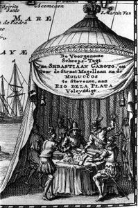 Sebastiano Caboto (Sebastien Cabot) represents on the cartridge of a navigation map with other navigators. The beginning of the 17th century