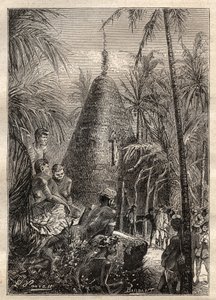 Second voyage (1772-1775) by Captain James Cook (1728-1779): traditional circular house, on the roof of a considerable elevation (New Caledonia) - illustration taken from 