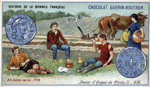 Series Histoire de la Monnaie Française published by Chocolat Guérin Boutron. Chromolithography 19th century. Silver denier of Clovis II in 638 by Unknown artist