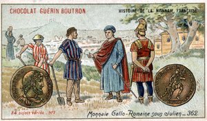 Series Histoire de la Monnaie Française published by Chocolat Guérin Boutron. Chromolithography 19th century. Gallo Roman coins under Julien by Unknown artist