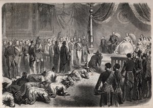 Siam Ambassadors Crawl Towards the French Imperial Family During a Solemn Audience in Fontainebleau in the Presence of Napoleon III and Eugenie by Unknown artist