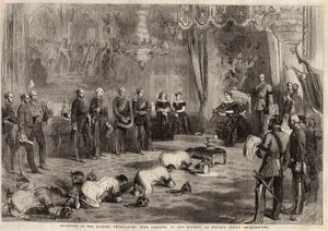 Siam ambassadors crawled to Queen Victoria and Prince Albert during their visit to Windsor Castle. Engraving in 