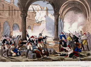 Siege of Zaragoza and the Capuchin Convent in 1808 (Colour Engraving of the Period, Milan)