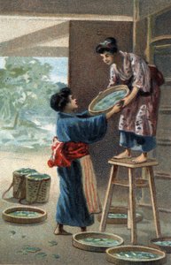 Silkworm breeding in a Japanese magnet. Chromolithography of the late 19th century by Unknown artist