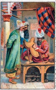 Sindbad makes a saddle. The wonderful adventures of Sinbad the sailor. Popular tale of 1001 nights. by Unknown artist