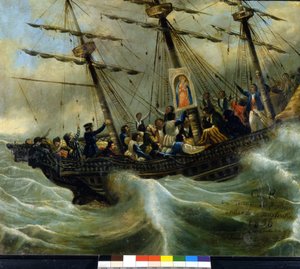 Sinking of a Swiss emigrant ship. Ex voto of 1856 from the sanctuary of the Madonna del Sasso in Locarno. Painting attributed to Giovanni Antonio Vanoni by Unknown artist