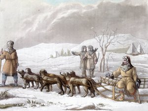 Sled of the Kamptschadales pulled by dogs, Siberia. Drawing by Gallina f. Bibliotheque des arts décoratifs de Paris. “Le costume ancien et moderne”