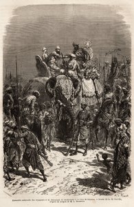 Solemn meeting and hand-held on the back of an elephant, between the team of travelers and the Maharajah of Chutterpore, at the fair of Kajraha. Engraving to illustrate the voyage in India of the Rajahs, by Louis Rousselet, in 1864-1868, published in “Le t by Unknown artist