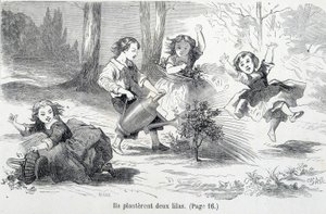 Sophie and her friends plant lilac - in The misfortunes of Sophie by the Countess of Ségur, Hachette by Unknown artist