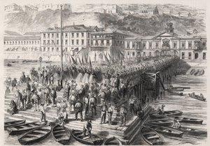 South American Hispano War between Chile and Spain, September 1865: the ladies of Valparaiso, in the presence of the Spanish squadron blocking the port, sing patriotic hymns - Engraving in 