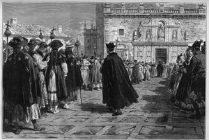 Spain 1880: the feasts of Santiago de Compostela, the procession of the pilgrims at the entrance of the Basilica by Unknown artist