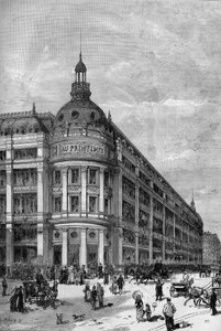 Spring department stores in Paris in 1883, corner pavilion between rue de Provence and rue Caumartin