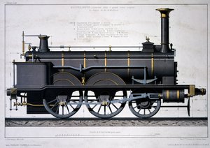 Steam locomotive of the Mulhouse Railway - drawing in the wash