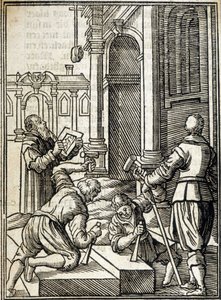 Stone cutters working on the construction of a cathedral - engraving