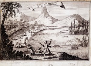 Surprise of the Indians at the landing of Christopher Columbus in Guadeloupe (caravels) - engraving by Unknown artist