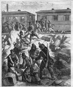 The Attack of the Far West Train - the Pacific Railway - train attacked by masked brigands - engraving of 1887