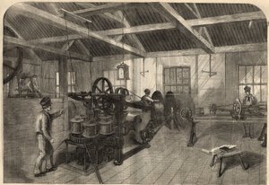 Telegraphy: manufacture of transatlantic cable in Glass, Elliot and Company plant in East Greenwich, England. Engraving in 