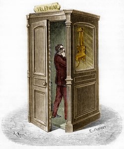Telephone booth in 1888. Engraving in The Journal of Youth by Unknown artist