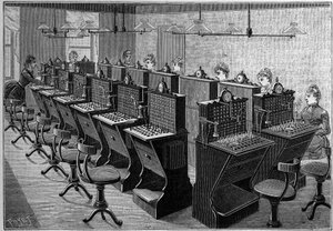 Telephony in Sweden: room of the central telephone office in Stockholm. Engraving in 