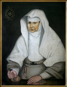 The Apothecary Sister Pierrette Monnet (1557-1628), of the Hotel Dieu de Beaune. Represented with a mortar and his pestle has his hand. Anonymous painting by Unknown artist