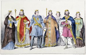 The Carolingians: Richarde (845-after 887) and Charles III Le Gros (839-888), Arnulf of Carinthia (ca. 850-899), Louis IV of Outremer (920-954) and Gerberge of Germania (913-984), Lothaire IV (941-986) and Emma of Italy (948-1006) - Plate from Kings and Fr by Unknown artist