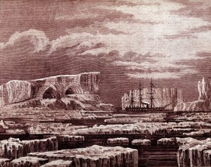 The Challenger boat in the middle of the icebergs by Unknown artist
