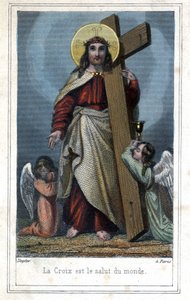 The Cross is the salvation of the world. Popular imagery about Christ carrying the cross. Two angels stand by his side. Around 1850 by Unknown artist