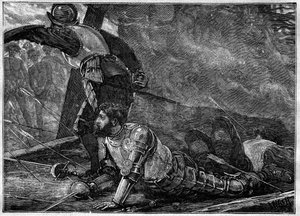 The Death of Juan of La Cosa - Death of Juan de la Cosa (1460-1510), cartographer, conquistador and Spanish explorer in Cartagena, Colombia - engraving of 1887 by Unknown artist