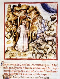 The Divine Comedy of Dante Alighieri. Miniature Depicting Dante, Virgil and the Three Beasts. 14th century manuscript, Municipal Bibl. of Rimini