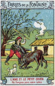 The Donkey and the Little Dog - Fables by Jean de La Fontaine (1621-95) Chromolithography of the End of the 19th Century Private Collection. by Unknown artist