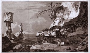 The Easter Island (Rapa Nui) in Polynesia after the “Viaggi del Capitano Cook” (19th century engraving) by Unknown artist
